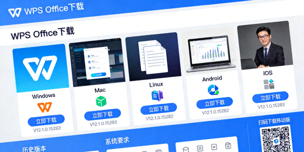 WPS Office下载版本选择页面截图，显示Windows、Mac、Linux、Android、iOS等不同平台的下载选项