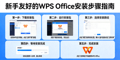 一个面向电脑初学者的WPS Office安装步骤图文指南，界面友好，箭头指示明确